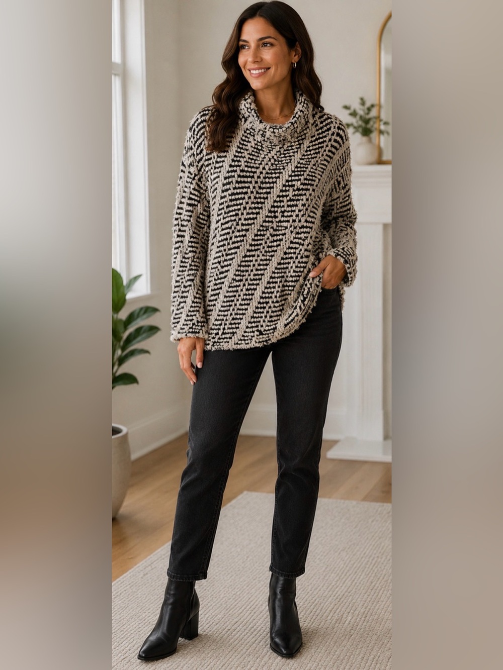 NIC+ZOE Black and Cream Bouclé Funnel Neck Sweater